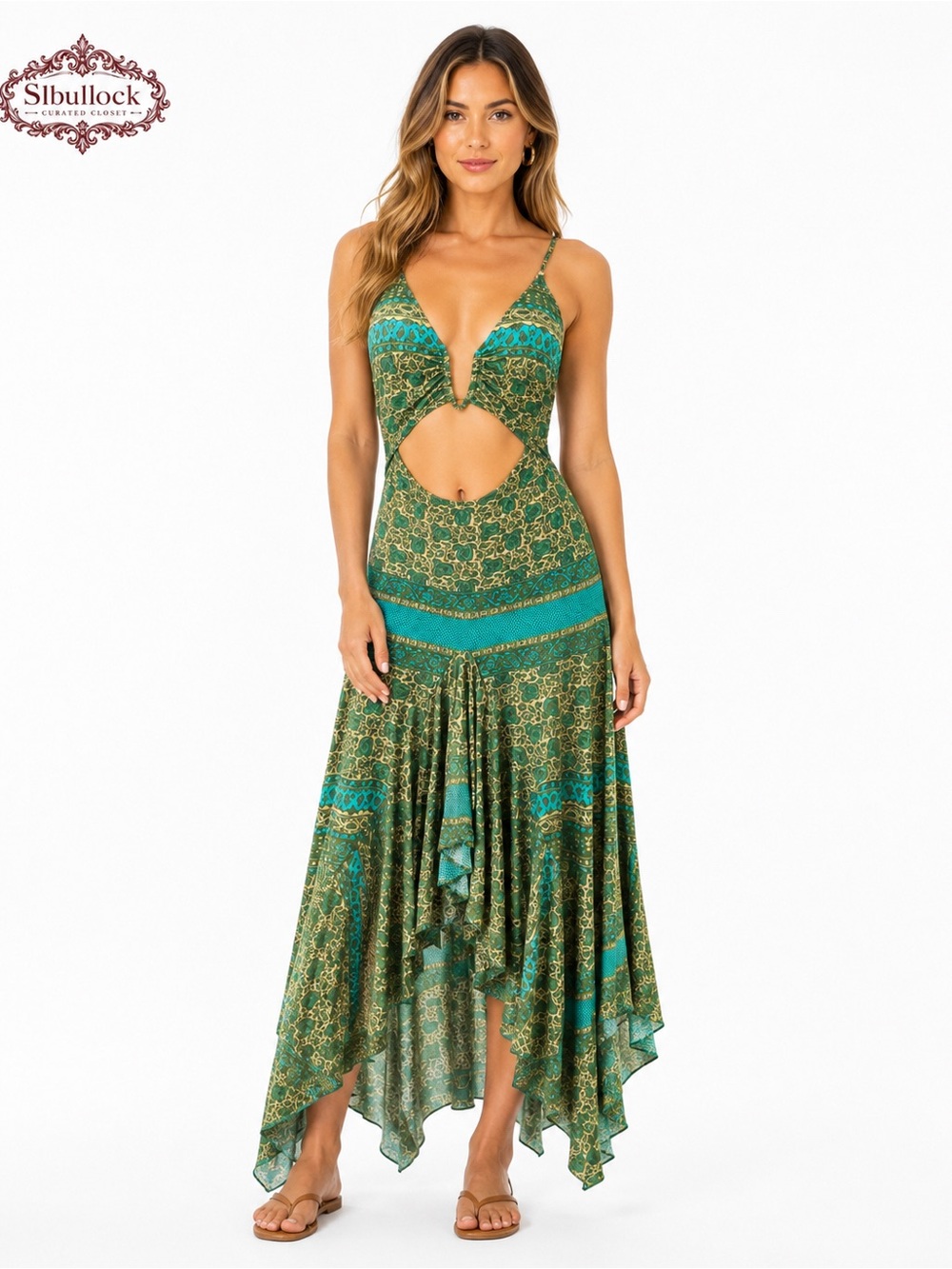 H8 Sky Cutout High-Low Maxi Dress Size Medium Green Teal Made in USA